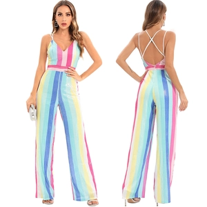 Tuta Sexy da Donna a Strisce Arcobaleno con Paillettes Scollo a V Spalline Sottili Senza Schiena Gamba Larga Abiti Interi da Festa