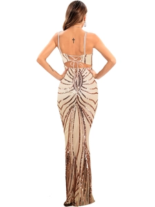 Close-up of sparkling rose gold sequins and cross-back lace-up detail on the back of dress