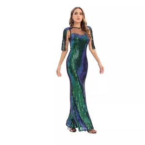Sexy green sequin evening gown with colorful stripes, fringe shoulders and mermaid hem