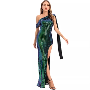 Elegant green sequined evening dress with one-shoulder design and high side slit detail