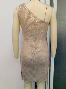 Detail of sequined bodycon dress with champagne gold fringe and open back design