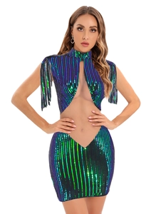 Détail d'une robe à paillettes avec rayures dégradées, franges et découpe à la taille
