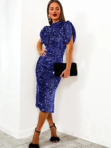 Elegant royal blue sequin midi dress with high neck and cap sleeves for evening party