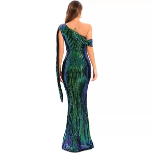 Sexy backless green sequin evening gown with one-shoulder cape and gradient stripes