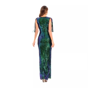 Elegant green to purple gradient sequin evening gown with black shoulder tassels