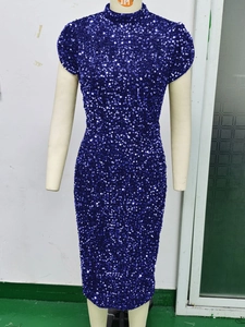 Elegant royal blue sequin evening dress with stand collar and slim fit bodycon silhouette