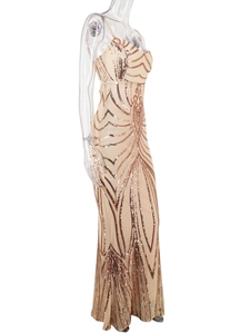 Detailed view of champagne evening gown featuring rose gold Art Deco sequin embroidery