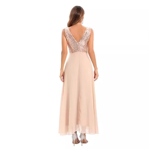 Elegant champagne sequin backless chiffon evening dress for women in soft pale pink