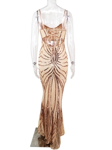 Detail of sexy backless sequin dress with champagne gold geometric patterns and lace-up design