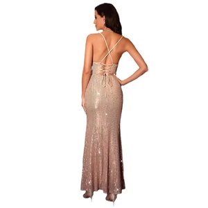 Robe de soirée pailletée champagne avec dos nu croisé élégant et coupe sirène pour femme