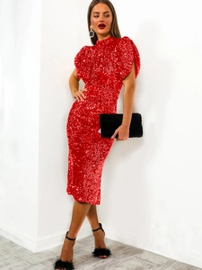 Elegant red sequin midi dress with high neck and draped puff sleeves on female model