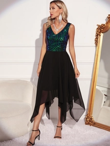 Close-up of sleeveless V-neck dress featuring gradient sequins and black chiffon hem