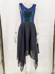 Detail of V-neck sequined bodice and asymmetrical chiffon hem on this party dress