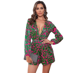 Sexy V-neck sequined long sleeve romper with green and pink abstract art pattern