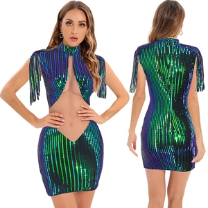 Robe Mini Sexy Femme à Paillettes et Glands Maille Évidée Sans Manches Col Montant Robe de Soirée Moulante