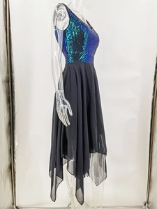 Detail of blue-green sequin bodice and flowing black chiffon handkerchief hem dress