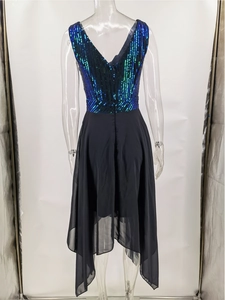 Detail of sequin bodice and irregular chiffon fishtail hem on the evening dress