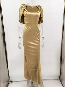 Elegant gold satin evening gown with off-shoulder cape sleeves and a slim fit long skirt