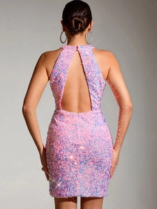 Pink sequin mini dress with halter neck and backless design for a sexy slim fit style