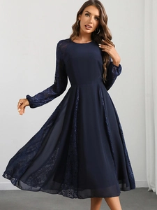 Sexy dark blue long sleeve lace chiffon maxi dress with elegant pleated A-line silhouette