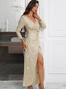 Sexy champagne gold sequin long sleeve maxi dress with deep V-neck and high side slit