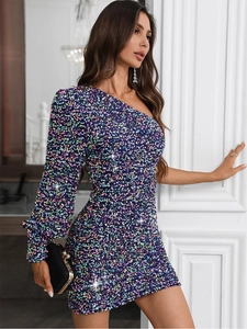 Sexy one-shoulder long sleeve sequin mini dress with shimmering blue and purple gradient