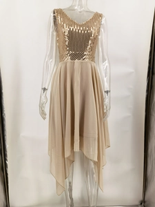 Detail of the V-neck sequin bodice and layered chiffon skirt on the evening dress