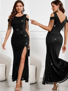 Robe de Soirée Sexy Noire à Paillettes pour Femmes Épaule Froide Frange Robe Longue Fente Haute Soirée Formelle Banquet Maxi Robe