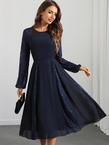 Navy blue lace chiffon long sleeve dress with slimming waist and elegant retro design