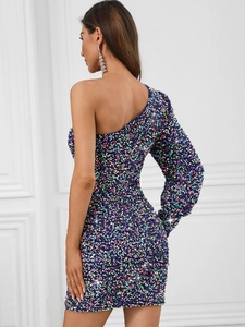 Close-up of a sexy one-shoulder sequin mini dress with shimmering colorful sparkles