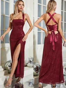 Robe Maxi Sexy Dos Nu à Paillettes pour Femmes Haute Fente Laçage Dos Nu Élégante Soirée Fête Banquet Robe Bourgogne