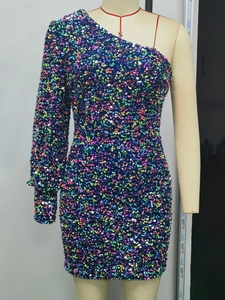 Sexy colorful sequined one-shoulder mini dress with long sleeve for party wear
