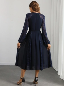 Elegant dark blue long sleeve lace chiffon evening dress with floral patterns