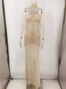 Sexy champagne sequin mesh evening gown with halter neck and floor-length skirt