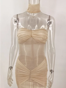 Detail of champagne sequin bodycon evening dress with ruched fabric and matching choker