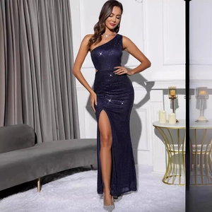 Elegant navy blue sequined one-shoulder evening gown with high slit and side draping