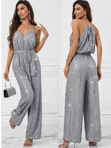 Women Sexy Silver Sequin Jumpsuit Deep V-Neck Spaghetti Straps Wide Leg Backless Evening Party Jumpsuit Metallic Clubwear