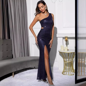 Navy blue sequin evening dress featuring a one-shoulder cut and sexy high side slit