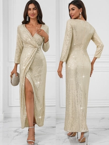 Women Sexy Deep V-Neck Sequin Long Sleeve Maxi Dress High Slit Elegant Slim Fit Evening Party Banquet Gown Champagne Gold