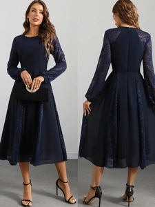 Women Sexy See-Through Lace Chiffon Long Sleeve Dress Elegant Navy Blue A-Line Midi Evening Gown For Party Banquet
