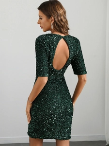 Elegant backless dark green sequin bodycon party dress with mid-length sleeves