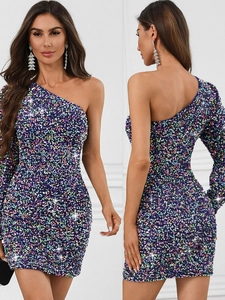 Sexy One Shoulder Long Sleeve Sequin Mini Dress For Women Elegant Backless Colorful Sparkly Bodycon Party Cocktail Dress