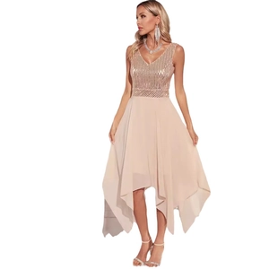 Sequin V-neck champagne evening dress with asymmetric chiffon hem and sleeveless bodice