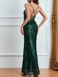 Elegant emerald green sequin evening gown with sexy open back and lace-up straps