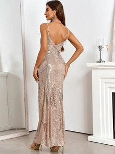 Elegant champagne gold sequin evening dress featuring backless design and slim fit silhouette