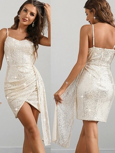 Robe Courte Sexy à Paillettes pour Femmes Col en V Sans Manches Dos Nu Froncé Moulante Cocktail Fête Robe de Soirée Argent Abricot