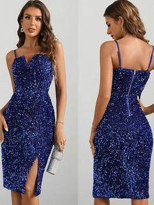 Robe Midi à Bretelles à Paillettes Sexy pour Femmes Dos Nu Fente Haute Col en V Bodycon Soirée Robe Élégante