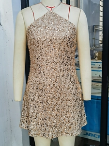 Champagne gold sequin halter neck cocktail dress with a slim fit and open back design