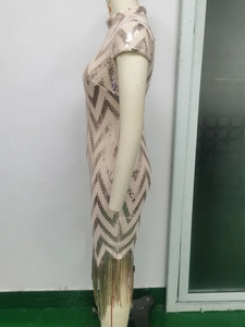 Detail von Pailletten-Wellenmustern und Metallfransen an einem schmalen Partykleid