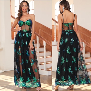 Sexy Pailletten Maxi Kleid Cami Hoher Schlitz Netz Korsett Abendkleid Blumen Stickerei Formelle Party Damen Langes Kleid